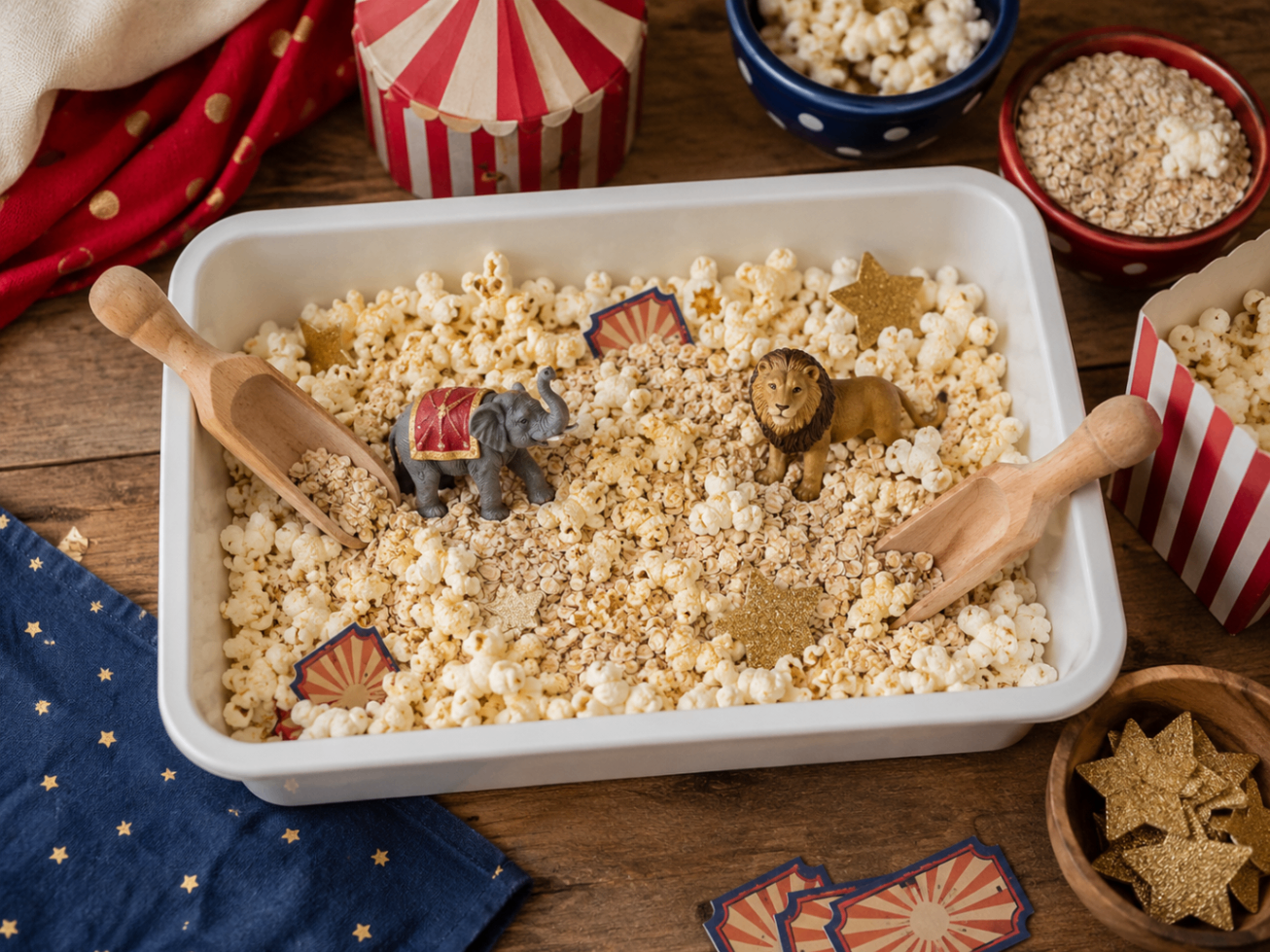 Circus sensory bin filled with popcorn, oats and toy animals