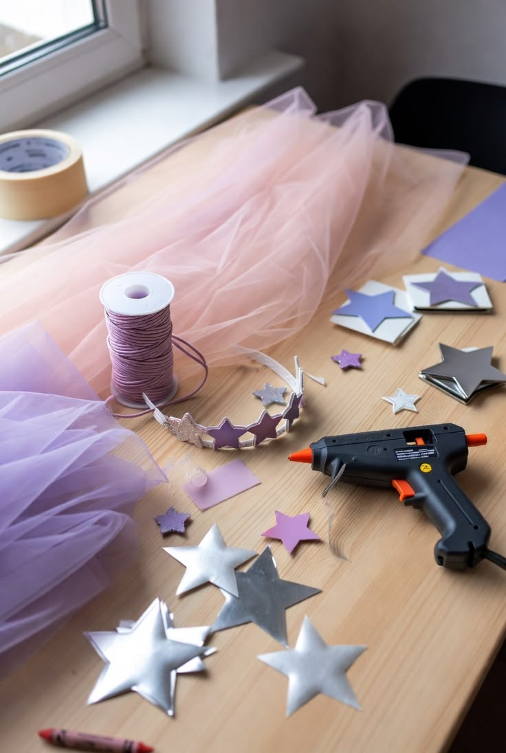 A craft table with pink and lavender tulle, a spool of cord, foam and silver stars, a glue gun, and a half-finished star tiara.