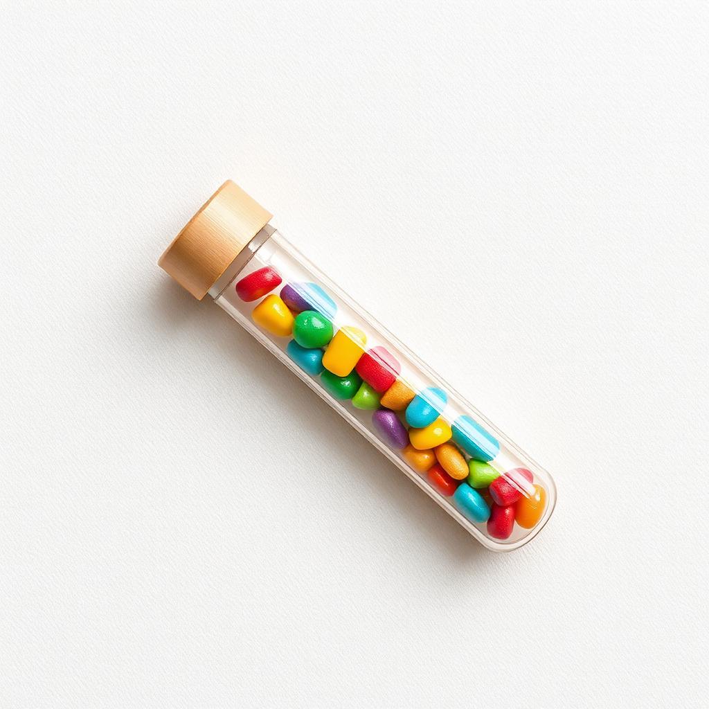 Small clear test tube filled with rainbow candy on cream linen