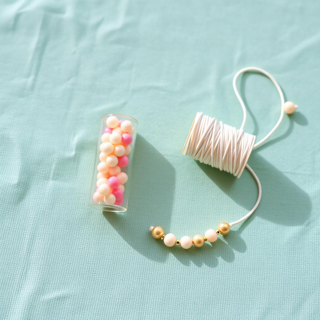 Small craft kit with plastic pearls and elastic cord for a DIY bracelet