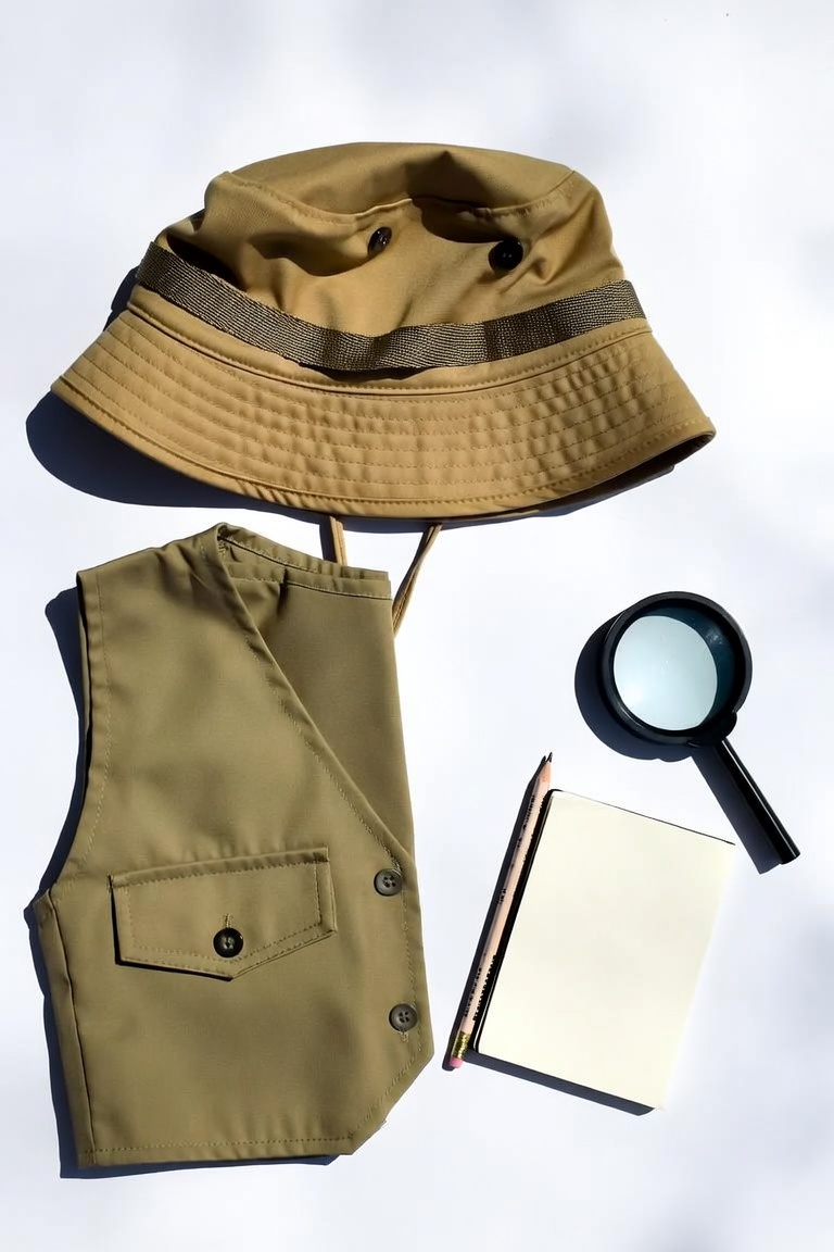 DIY safari explorer costume with khaki vest, bucket hat, magnifying glass and notebook