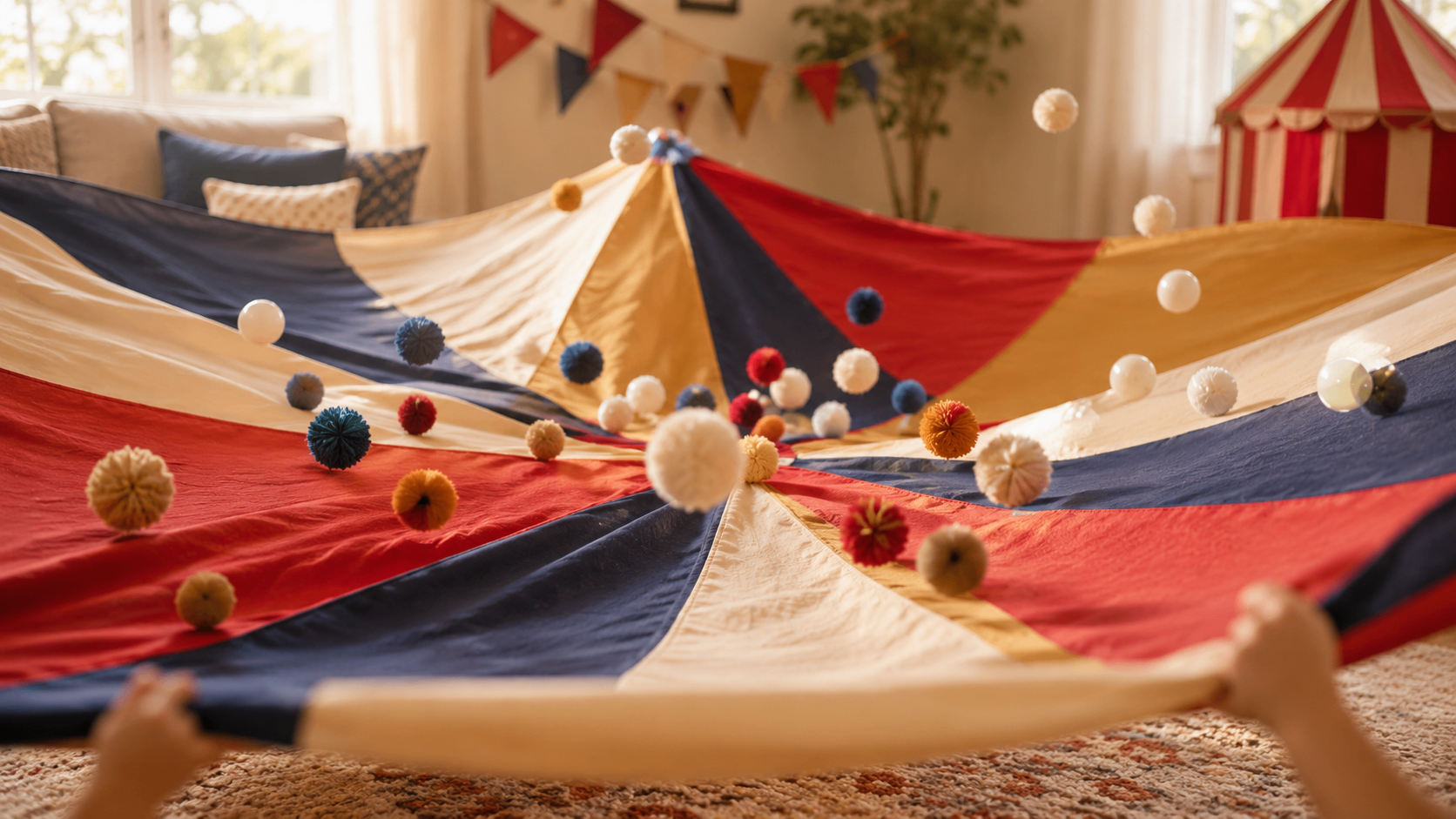 Large red, cream and navy parachute game with floating balls