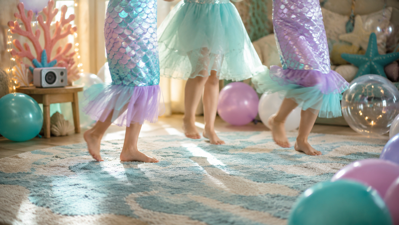 Kids in mermaid tail costumes dancing at a birthday party