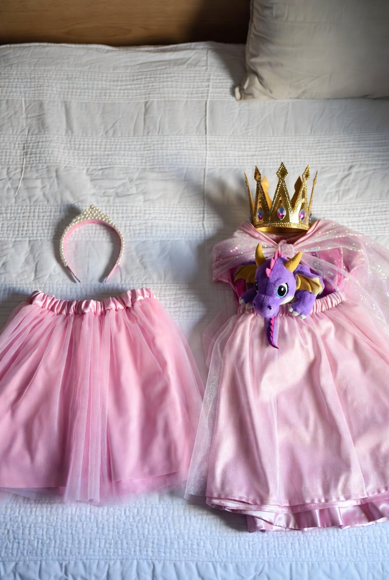 Two DIY princess costumes with pink tutus, tiara, gold crown, sparkly cape and a plush dragon