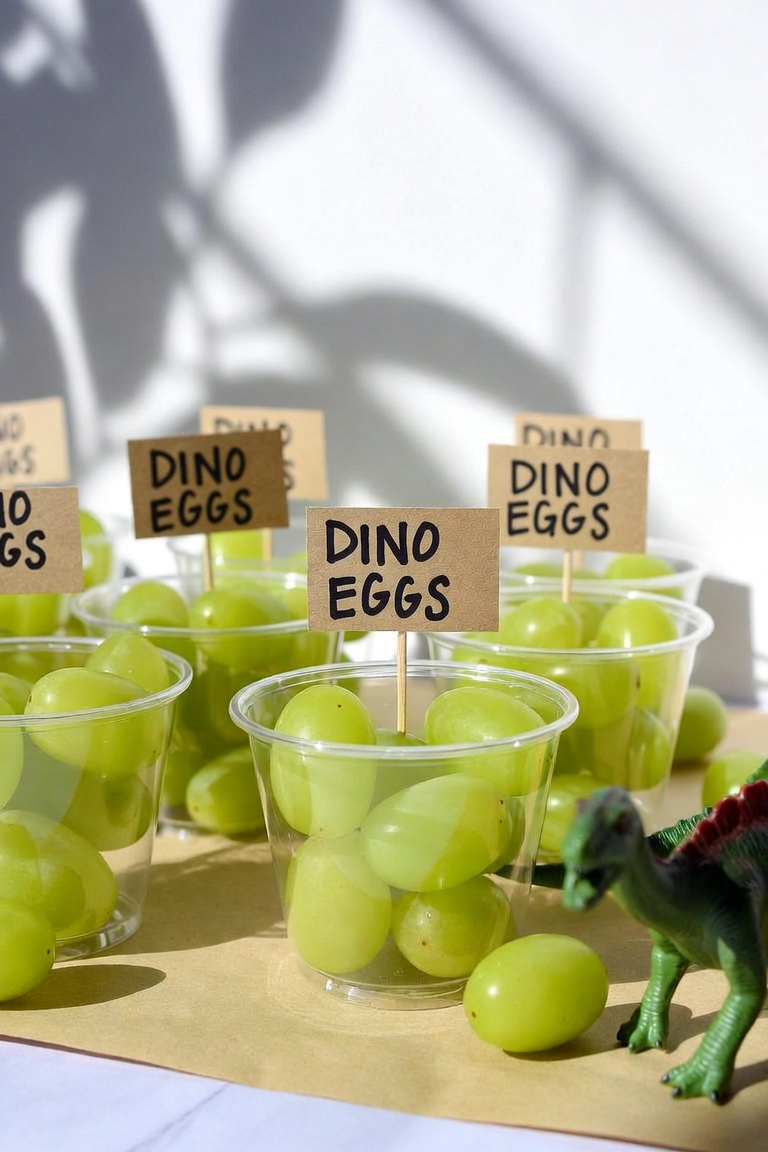 Clear cups of green grapes topped with small kraft-paper signs reading DINO EGGS, with a toy dinosaur beside them on kraft paper.