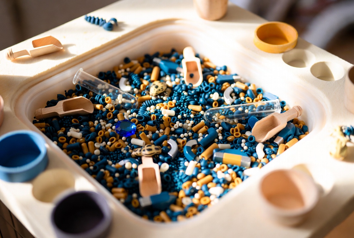 Sensory bin with navy and gold beads, scoops and test tubes for a science party