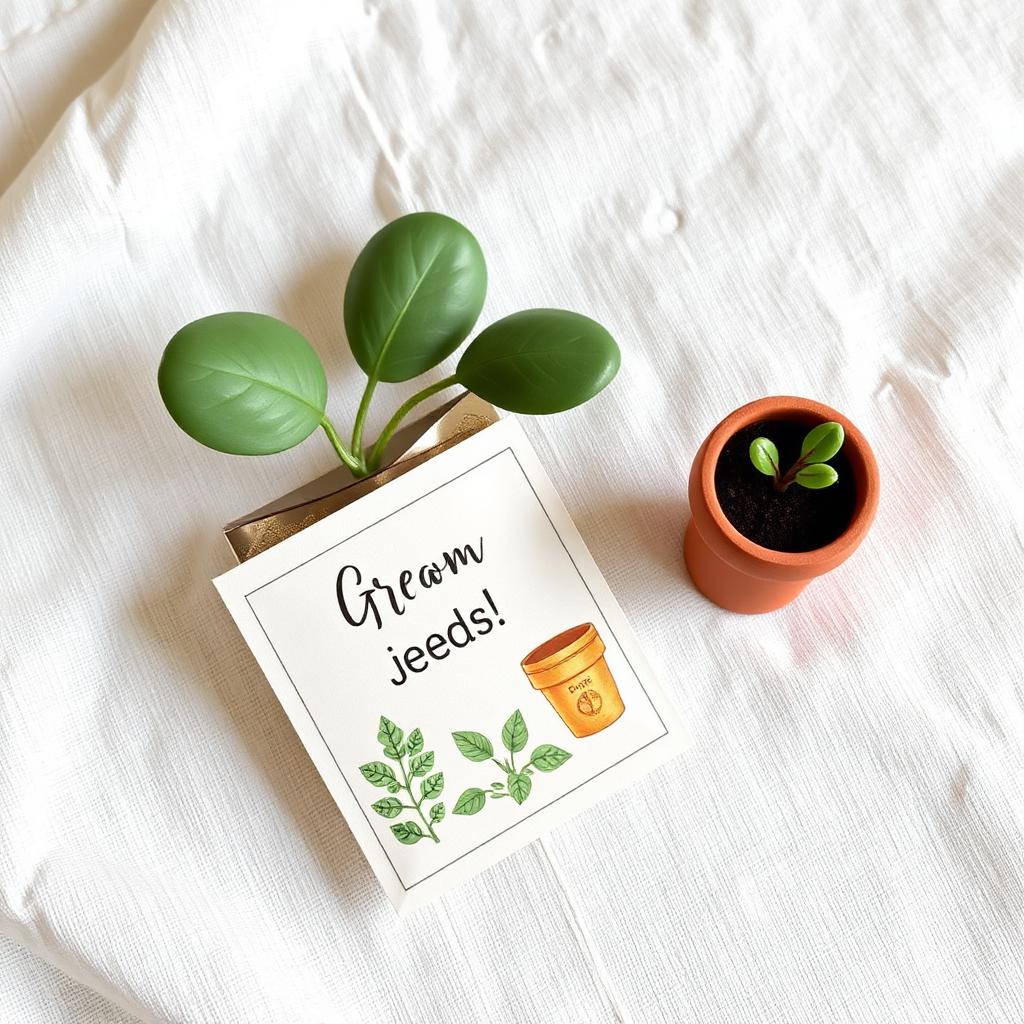 Seed packet with hand-lettered Grow Your Own label next to a small terracotta pot