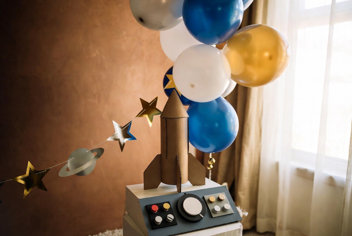 Cardboard rocket and navy balloon cluster at a kids' space-and-science birthday party