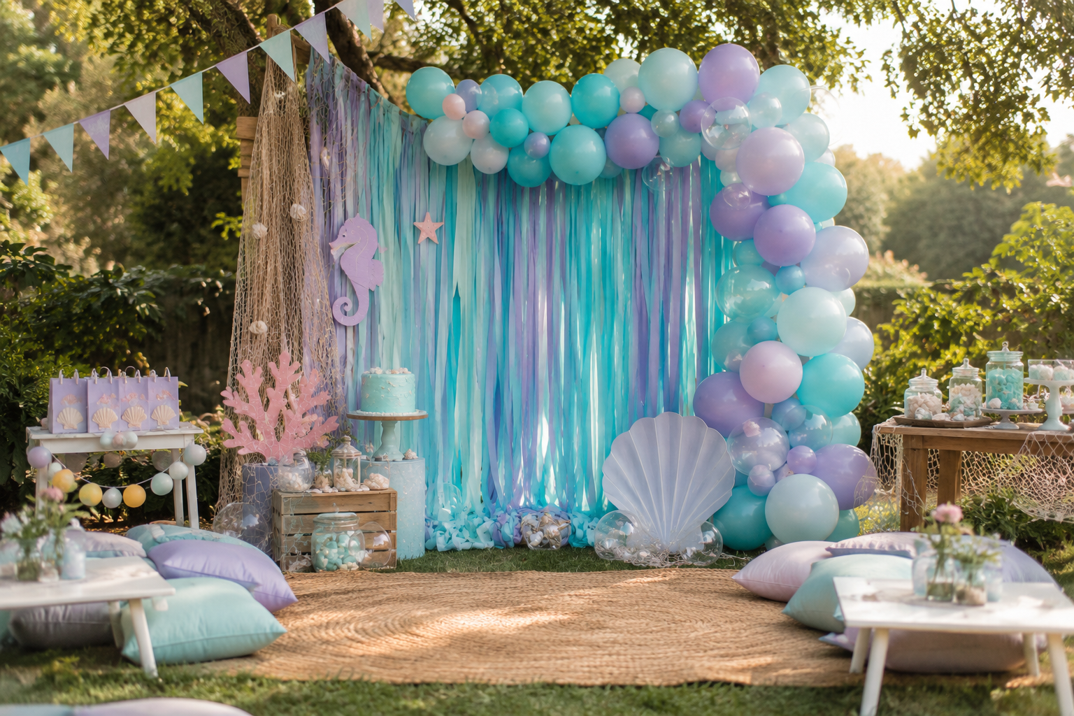 Pastel backyard summer party setup with balloon arch, streamers and shell decor