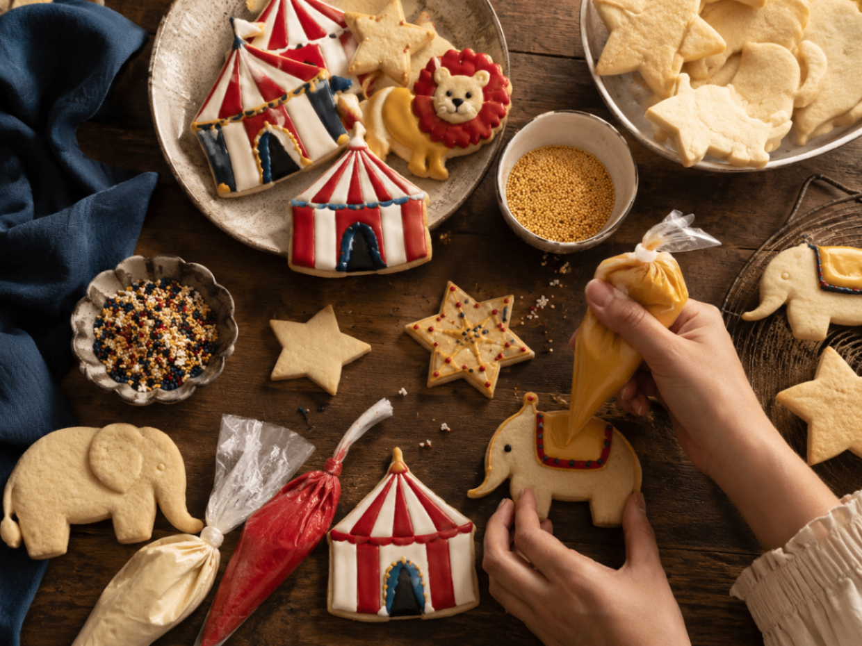 Circus-themed cookies being decorated on a wooden table