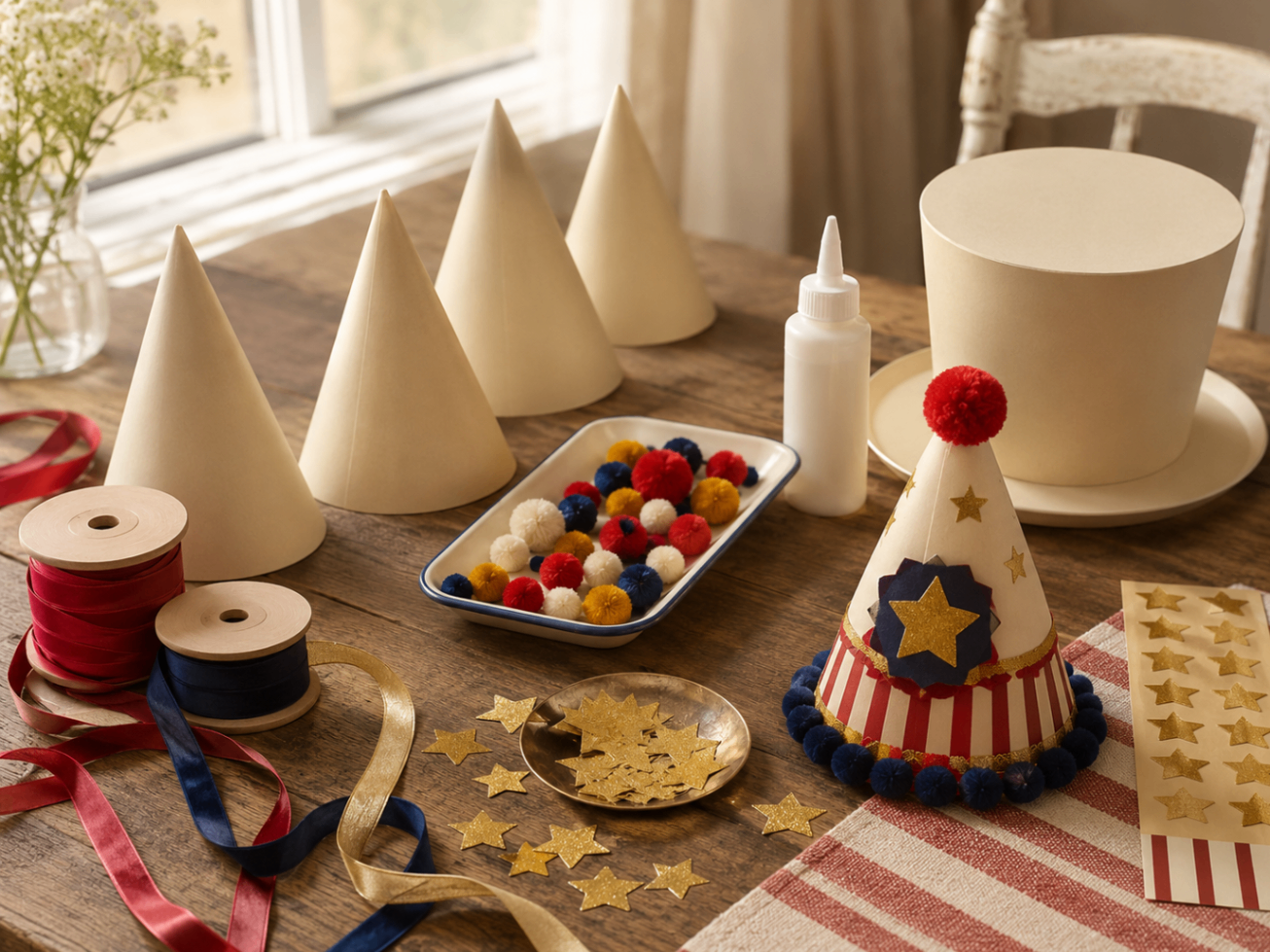 Circus party hat decorating supplies on a wooden table