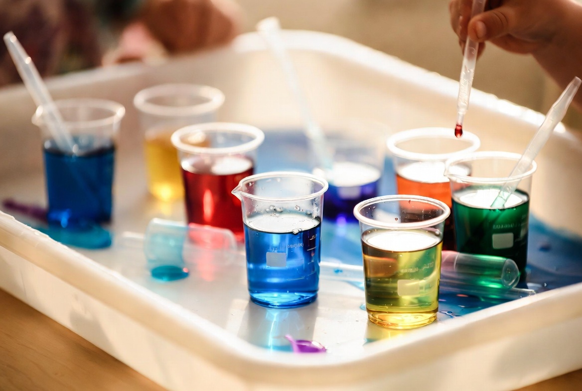 Plastic cups of colored water with pipettes on a tray for a kids' color mixing science experiment