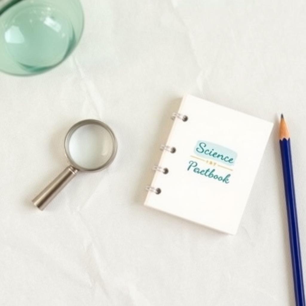 Mini magnifying glass and small science notebook with pencil on cream linen