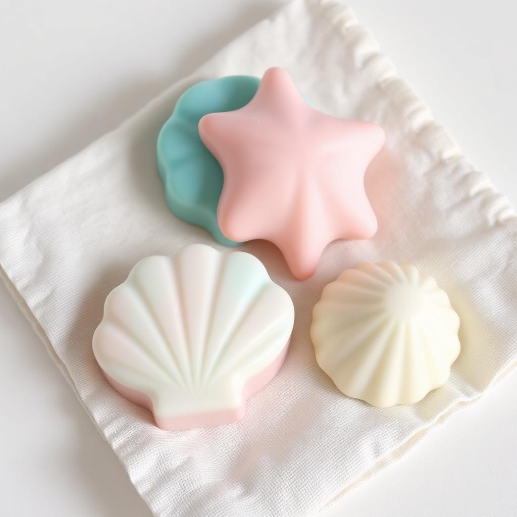 Pastel seashell-shaped soaps arranged on a soft linen napkin