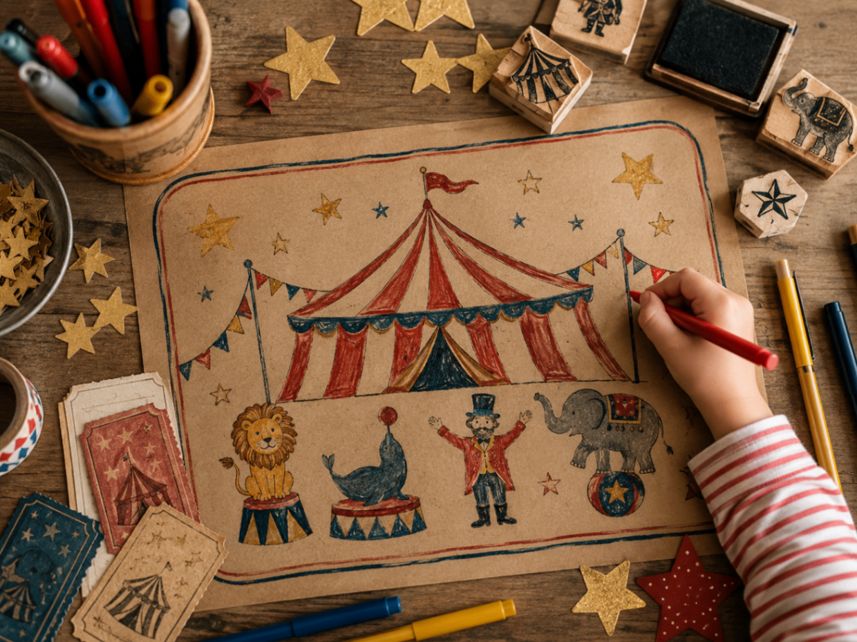 Child drawing a circus poster on kraft paper