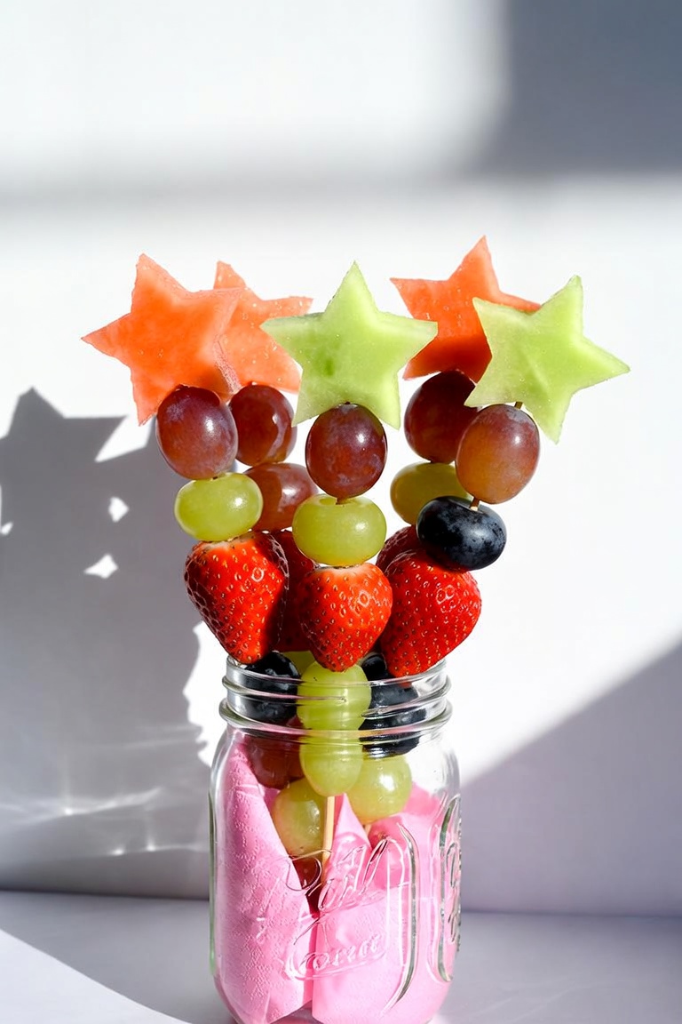 Fruit skewers of strawberries, grapes and star-shaped melon standing upright in a pink-lined mason jar, casting star shadows.