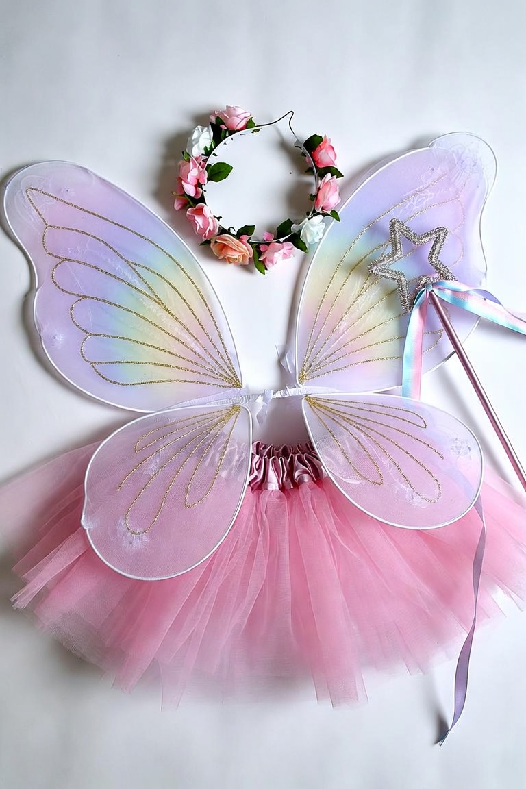 DIY rainbow fairy costume with butterfly wings, tutu, flower crown and star wand