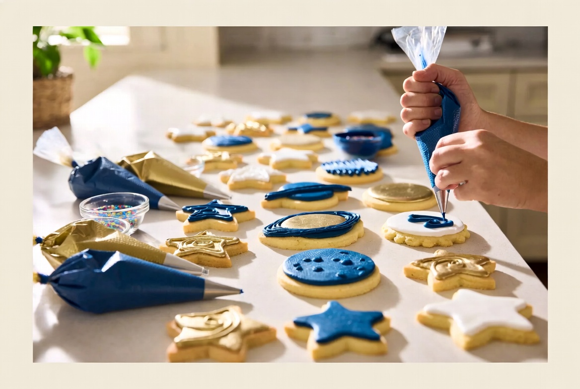 Navy and gold star and atom sugar cookies being decorated with royal icing