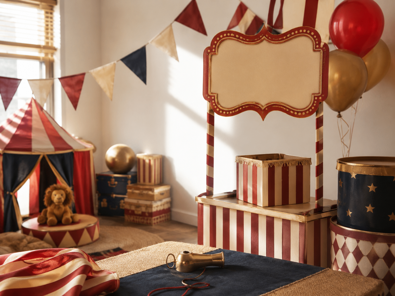 Circus ticket booth and striped party setup in a warm room