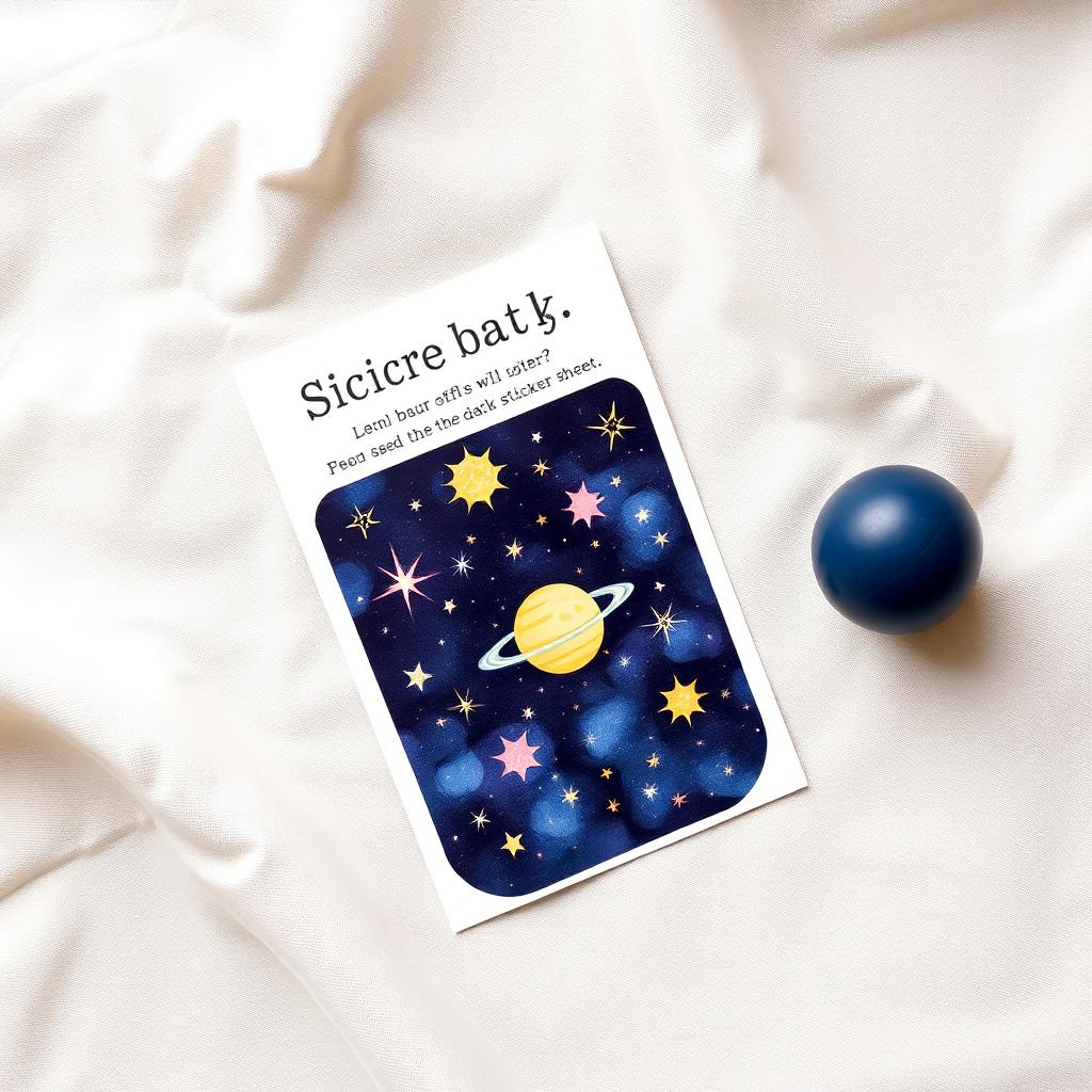 Glow-in-the-dark stars sticker sheet and a small bouncing ball on cream linen