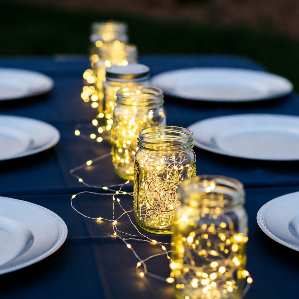 A row of clear mason jars filled with warm white fairy lights glowing on a navy tablecloth at dusk, surrounded by white plates.