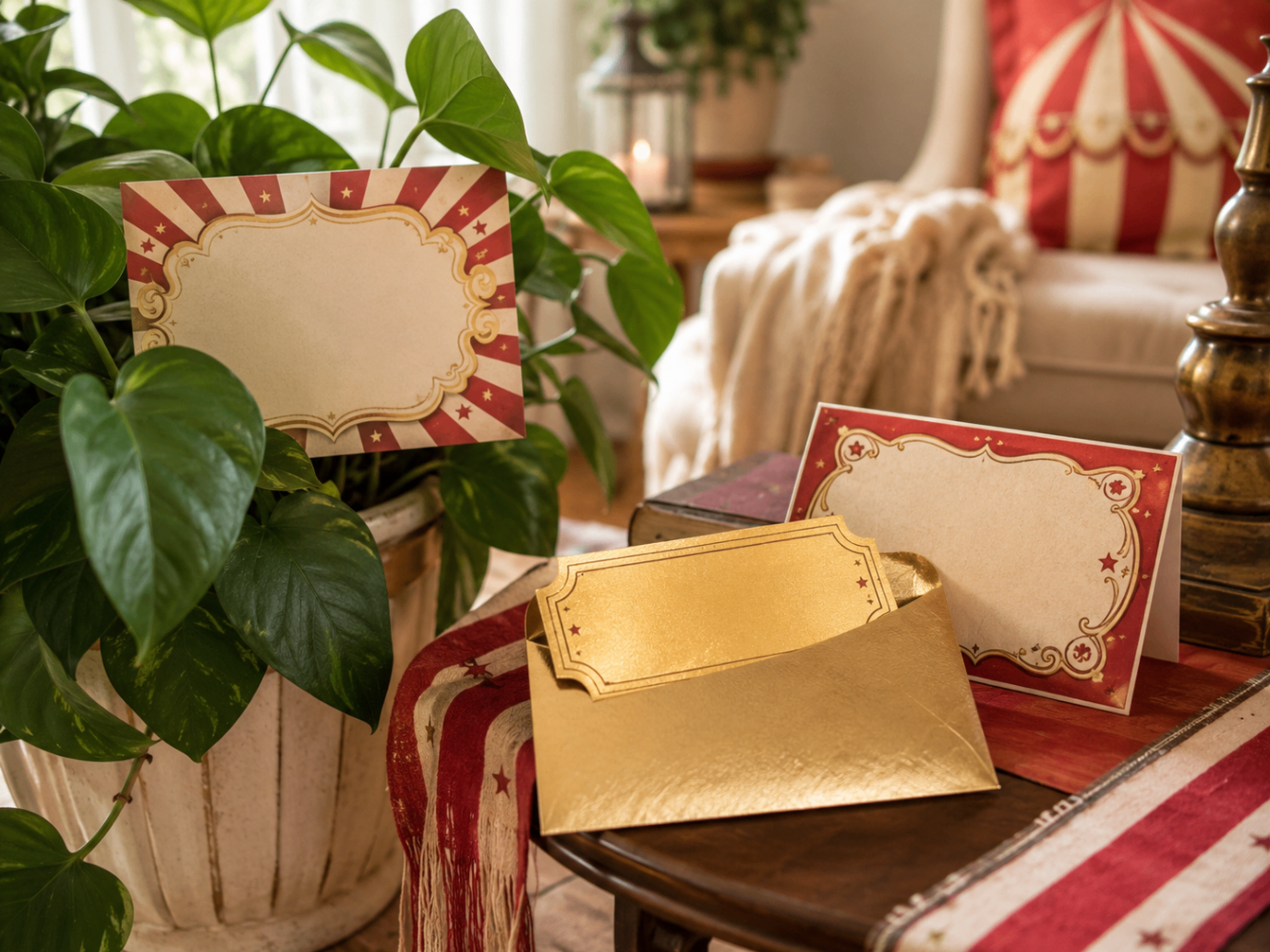 Gold circus ticket and invitation-style cards on a small table