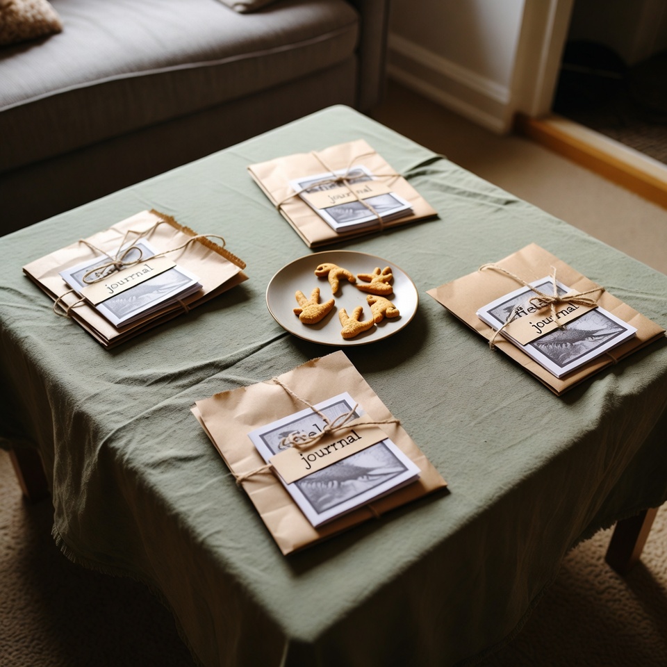 DIY dinosaur party favor field journals tied with twine next to dino crackers