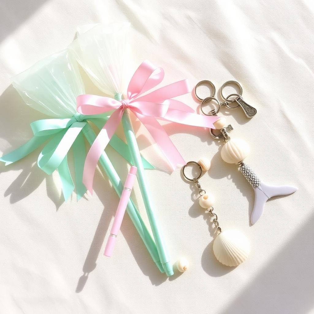 Pastel bubble wands wrapped with ribbon and mermaid tail keychains arranged on linen
