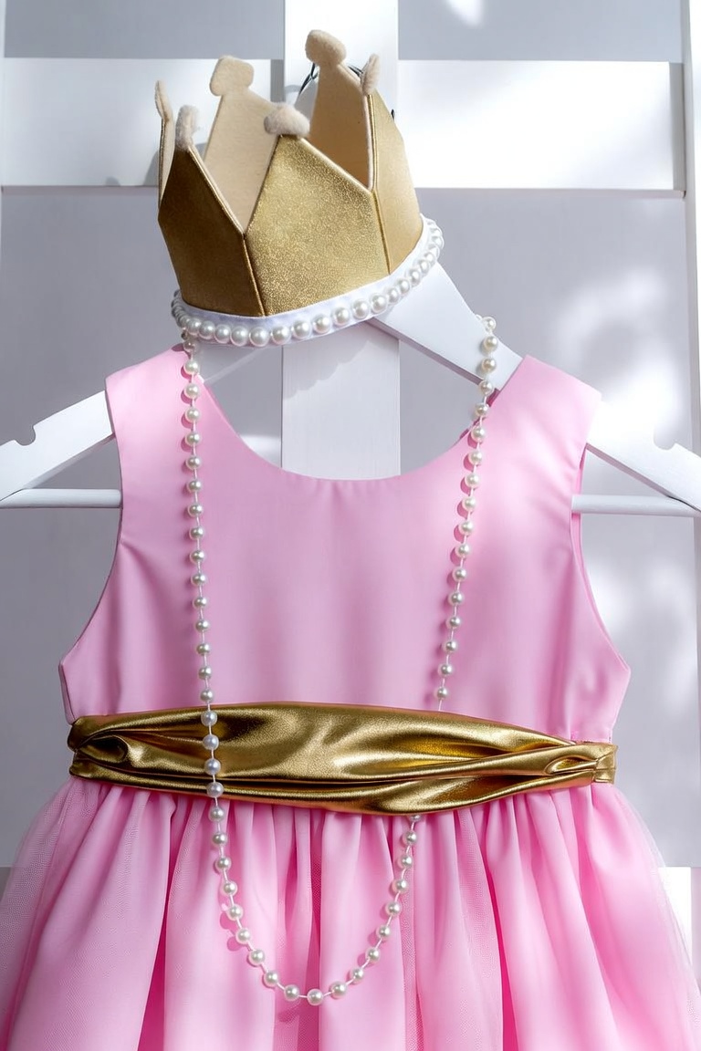 DIY princess costume with pink dress, gold felt crown, pearl necklace and metallic sash