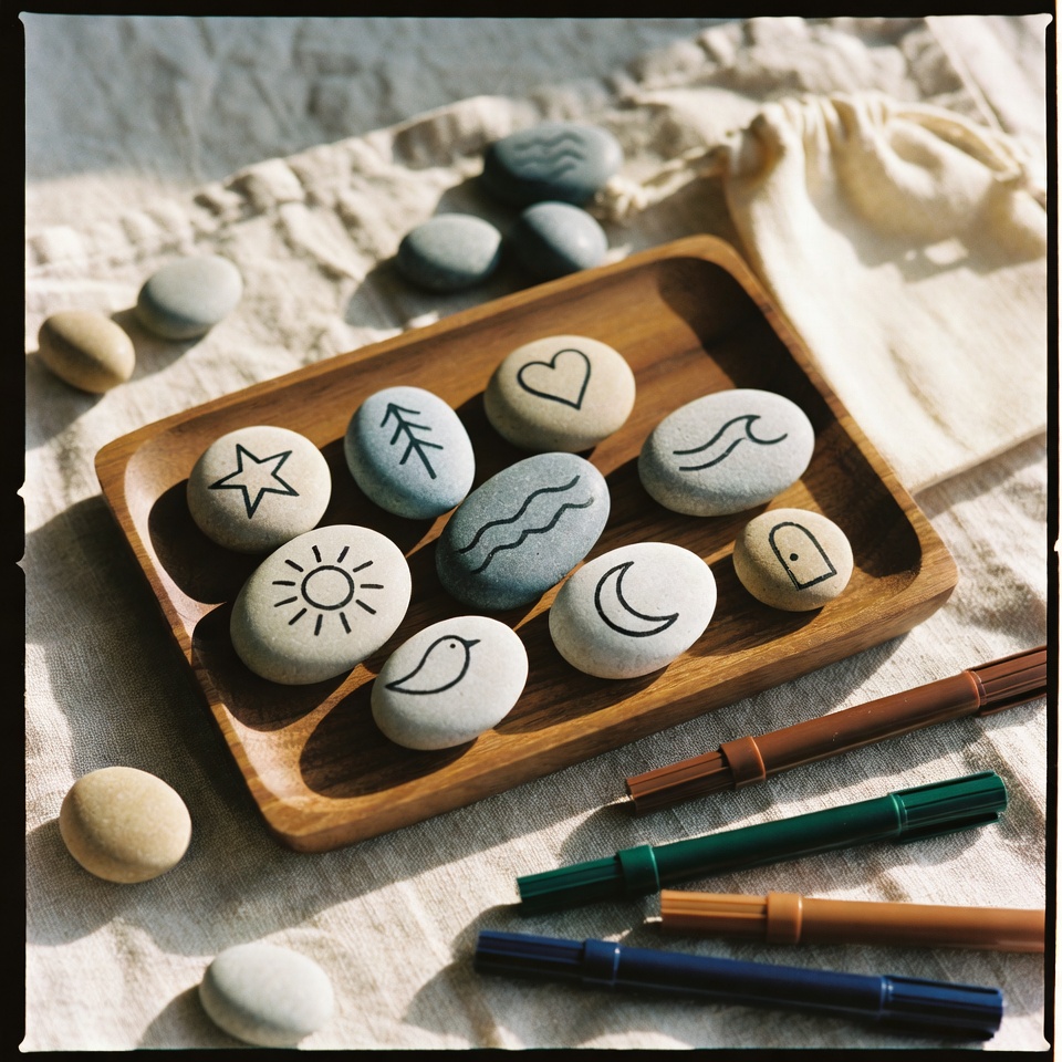 Smooth pebbles hand-drawn with simple symbols — a star, heart, sun, moon, bird, waves — on a wooden tray with marker pens and a linen bag.