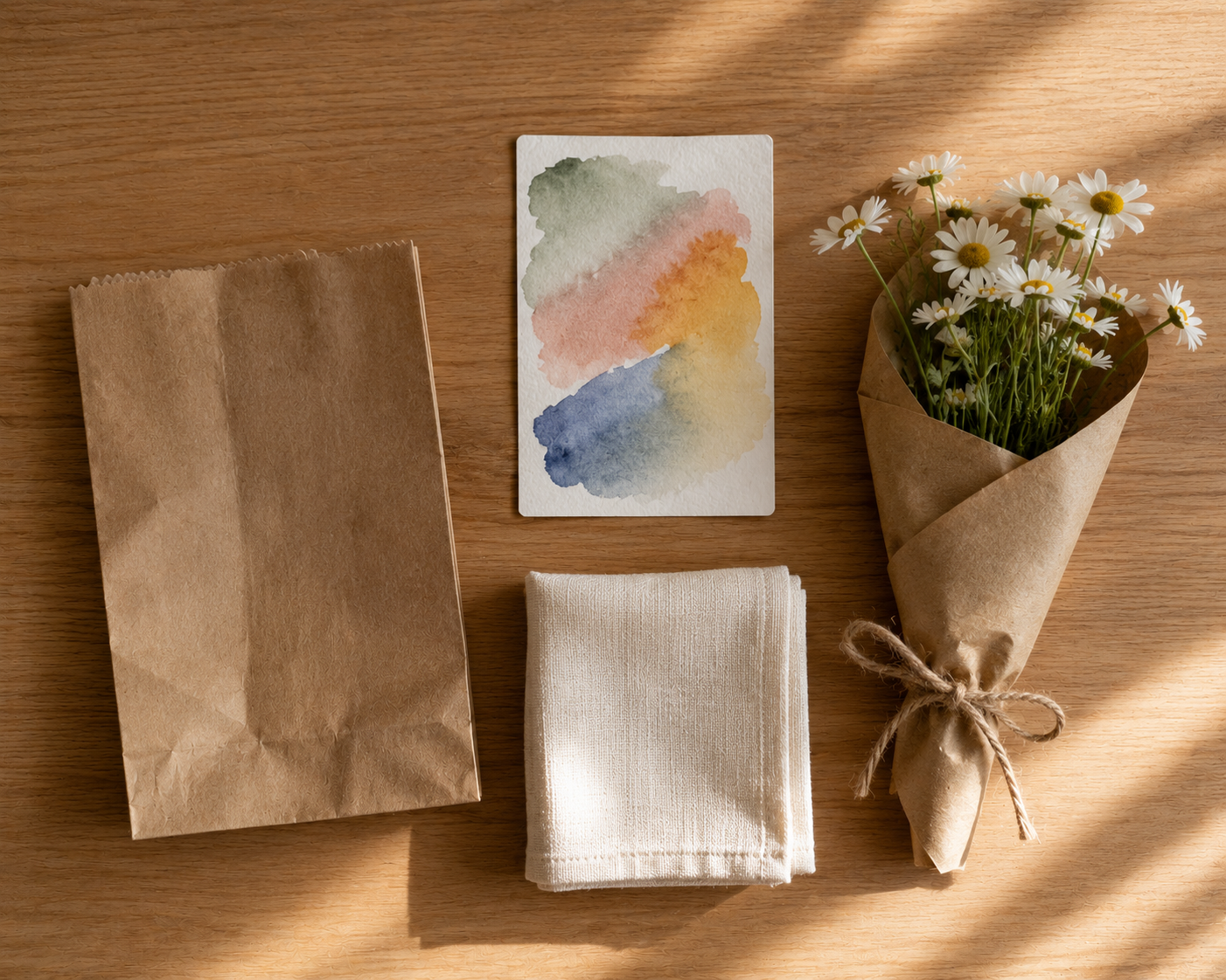 DIY eco-friendly party favor with kraft bag, watercolor card, cloth napkin and a bouquet of daisies