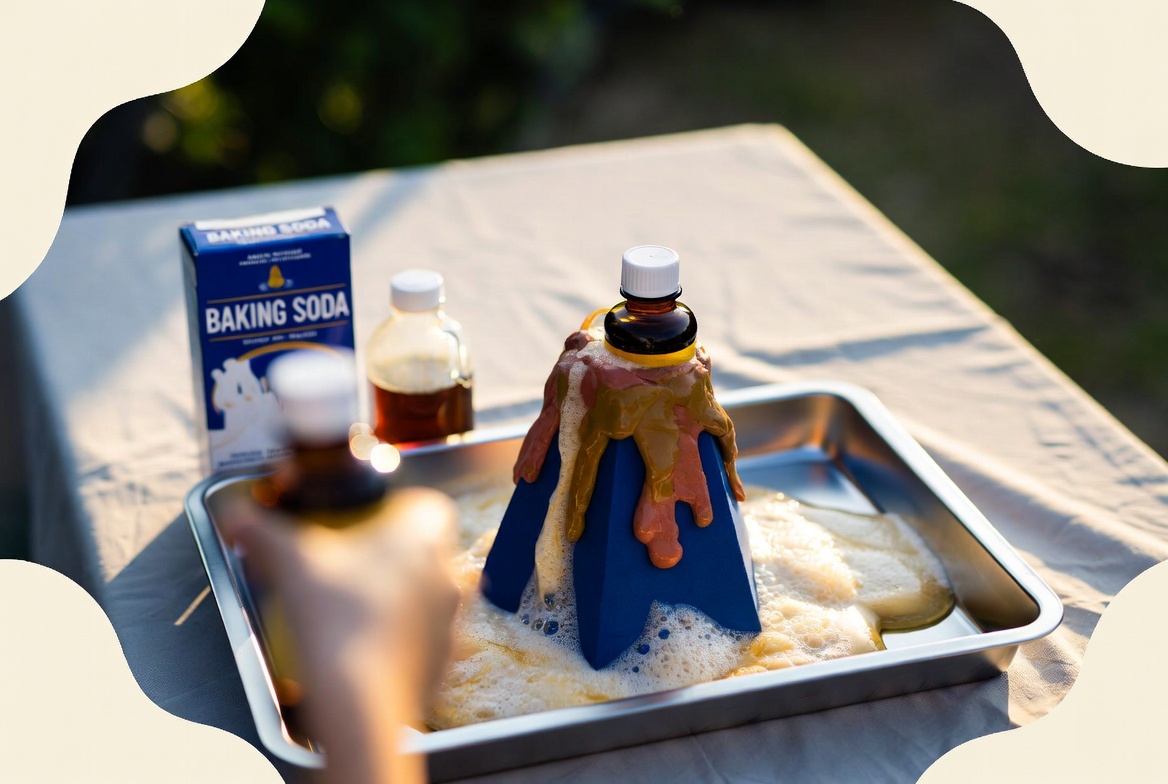 Blue cardboard volcano erupting with foaming baking-soda-and-vinegar reaction on a metal tray