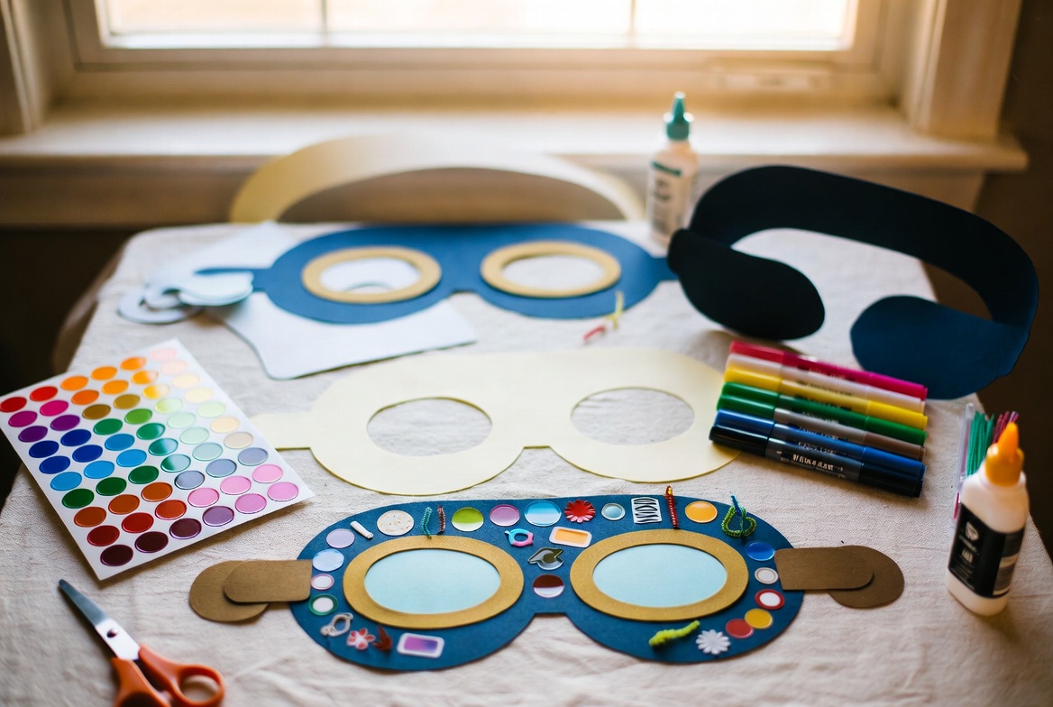 Kids' table with cardboard safety goggles being decorated with stickers and markers