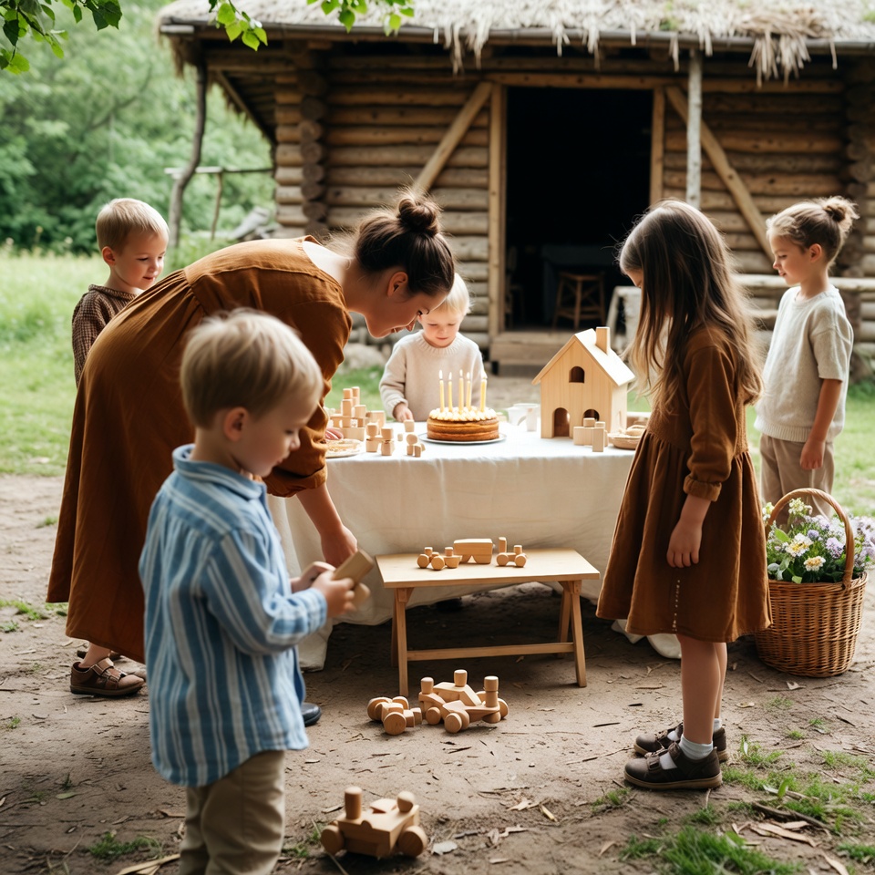 Children gathered around a rustic outdoor birthday table with wooden toys and a candle cake