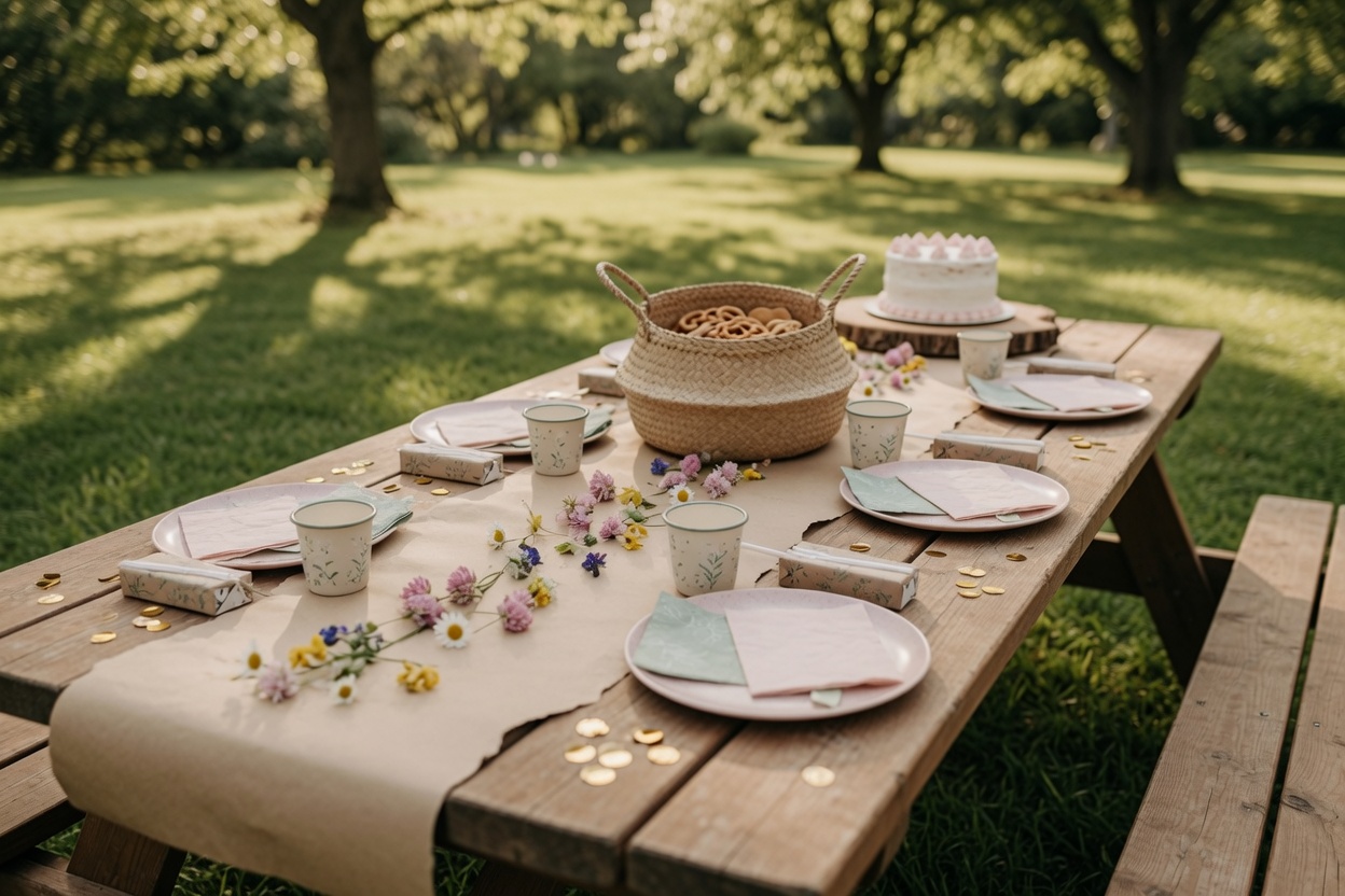 Wooden picnic table with wildflowers, a basket of pretzels and a pink birthday cake