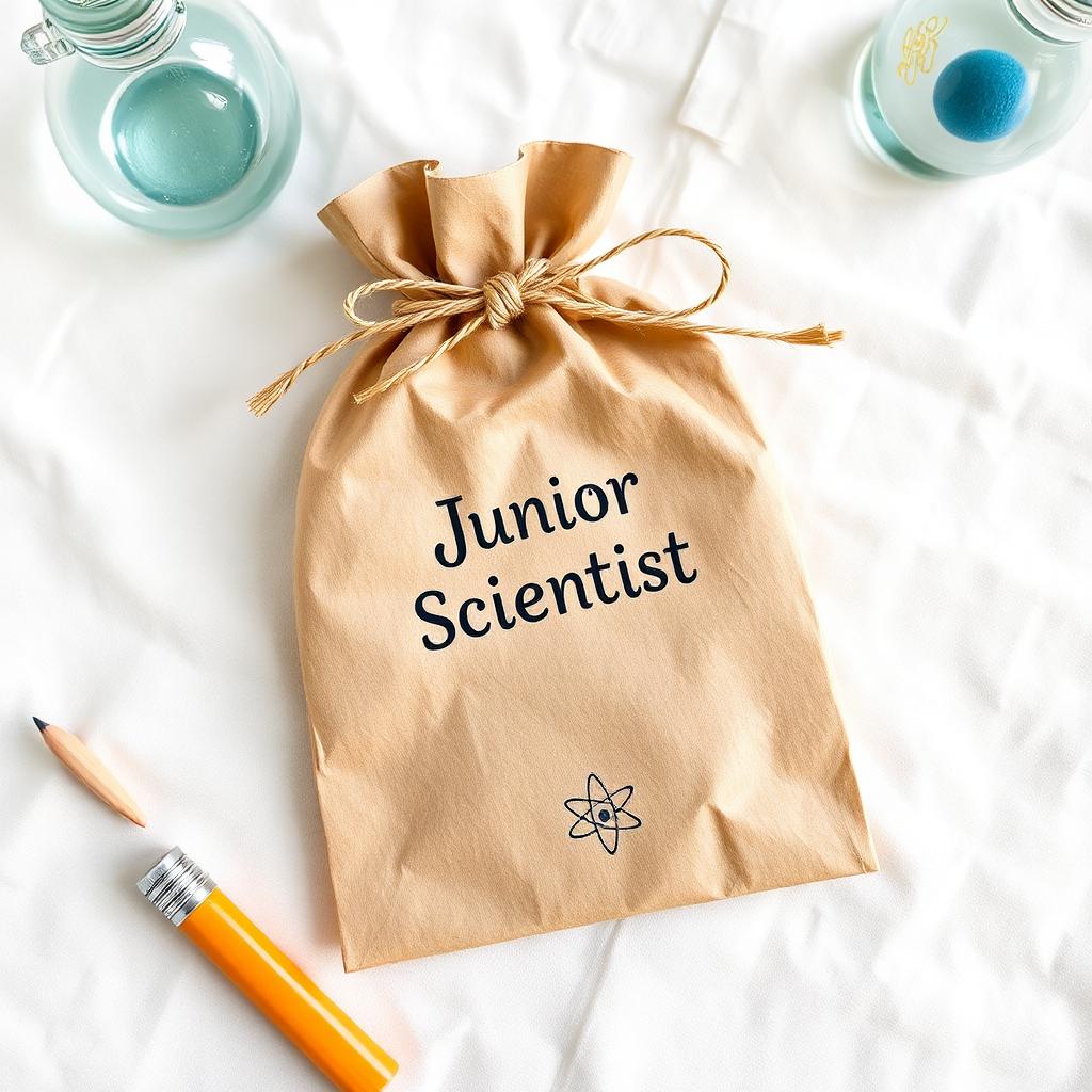 Kraft paper favor bag stamped Junior Scientist and tied with twine