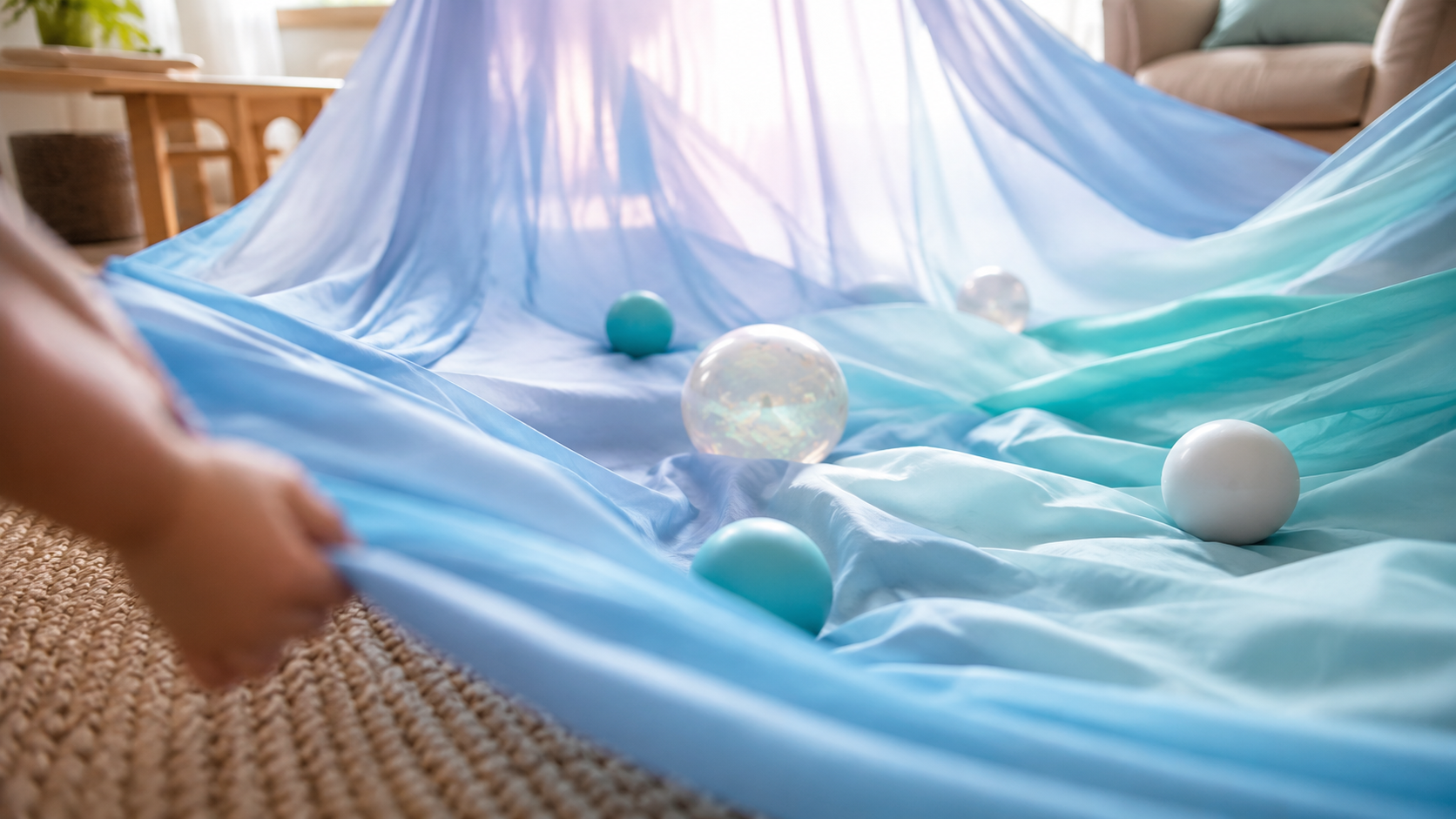 Blue and teal parachute or fabric being waved with floating balls on top