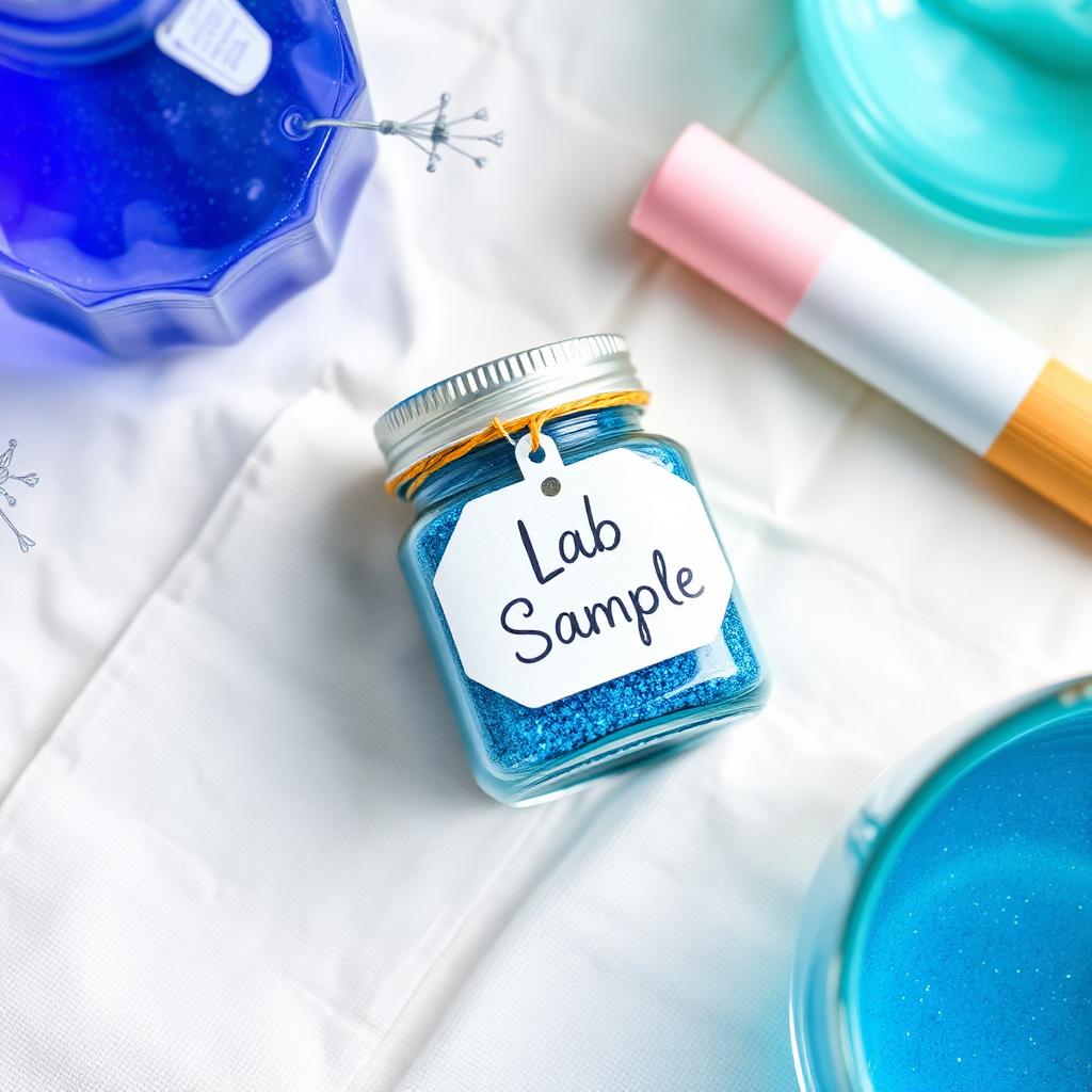 Tiny jar of blue glittery slime labeled Lab Sample