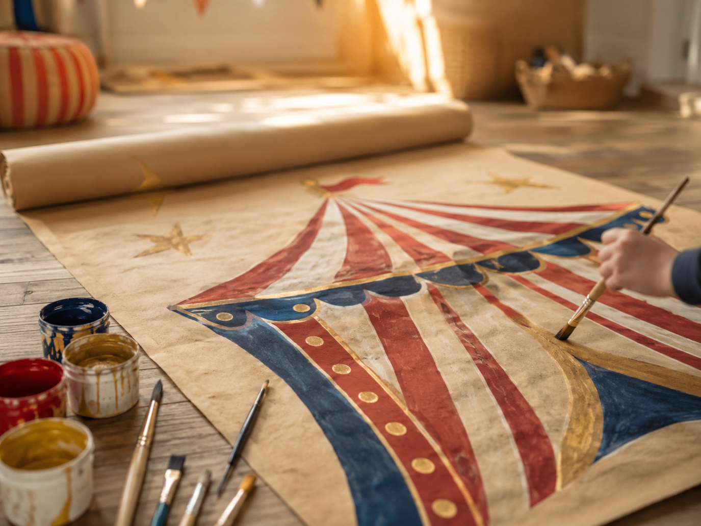 Large circus tent banner being painted on kraft paper