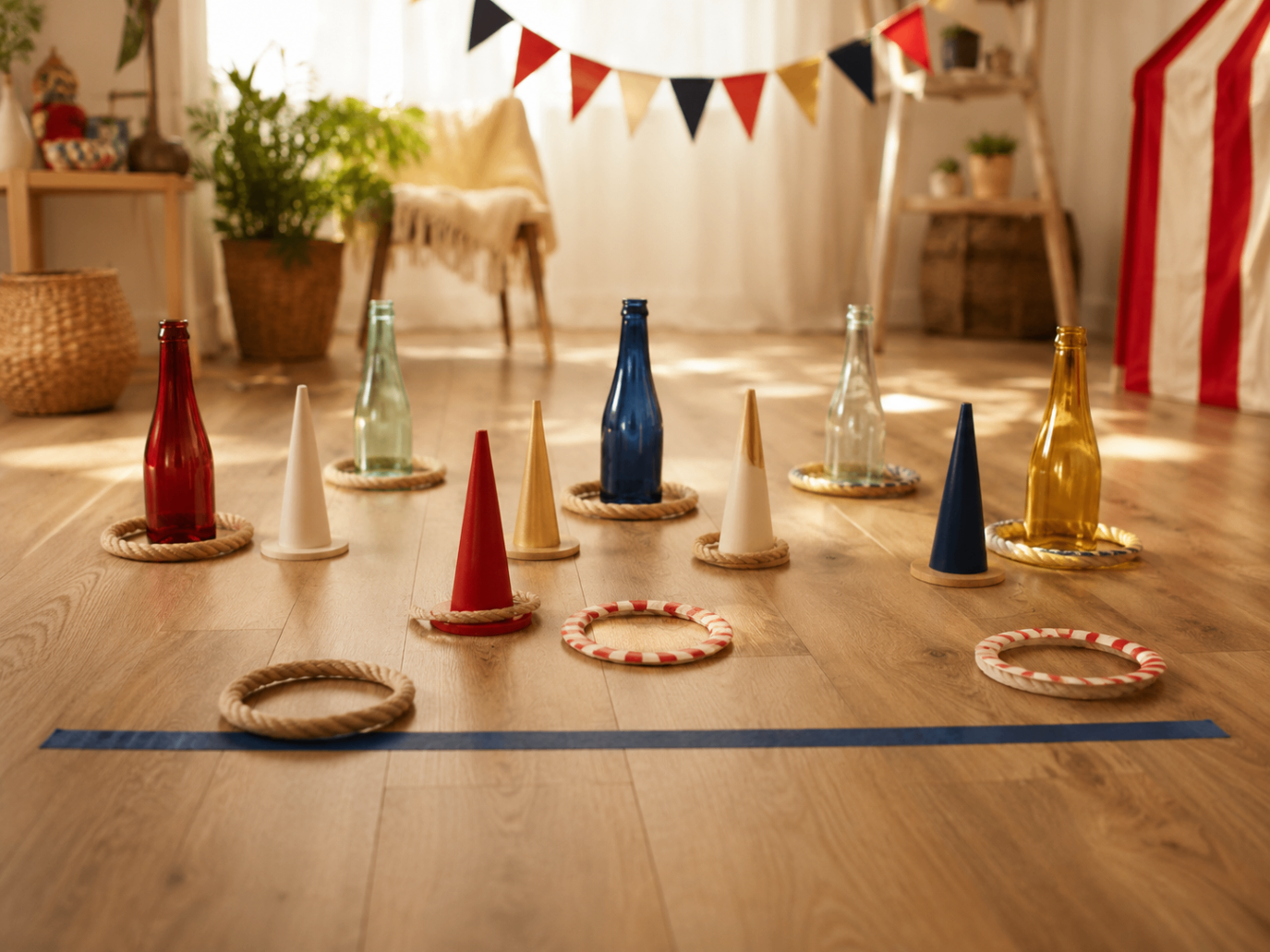 Circus ring toss setup with bottles and rope rings