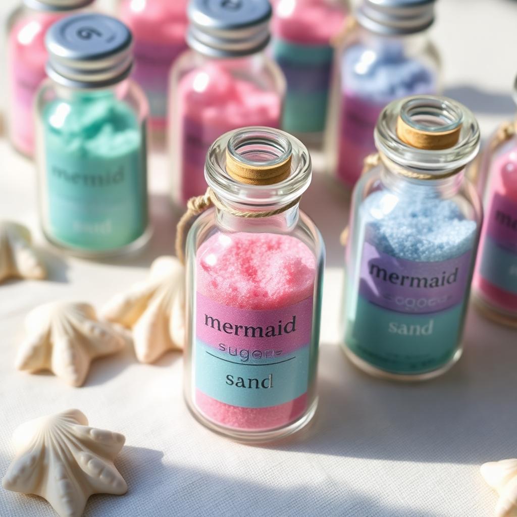 Tiny glass bottles filled with pastel pink, blue and teal colored sugar labeled mermaid sand