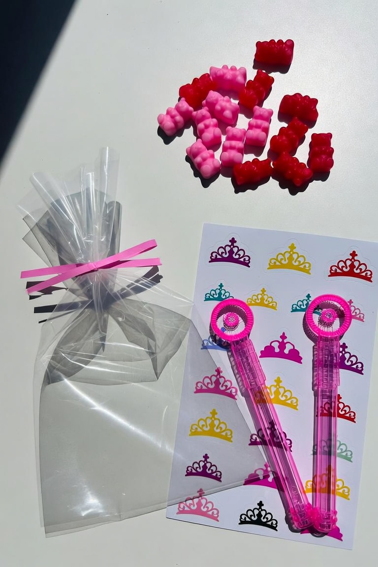 DIY princess party favor with cellophane treat bag, gummy bears, bubble wand and crown stickers