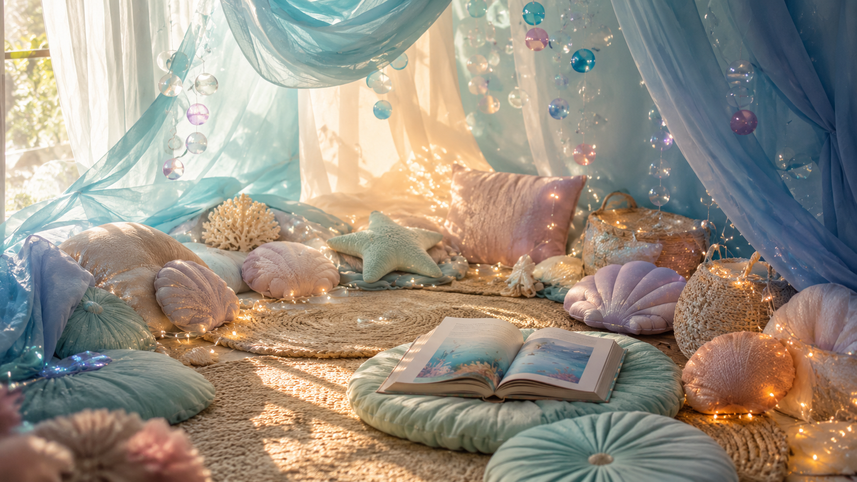 Cozy under-the-sea reading corner with shell cushions and fairy lights