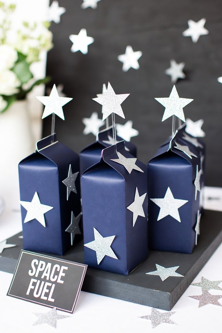 Navy paper-wrapped milk cartons covered in silver glitter stars with a SPACE FUEL sign, against a starry black backdrop.