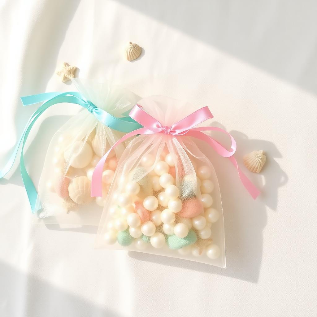 Organza drawstring favor bags filled with pearls and tied with teal and pink ribbon