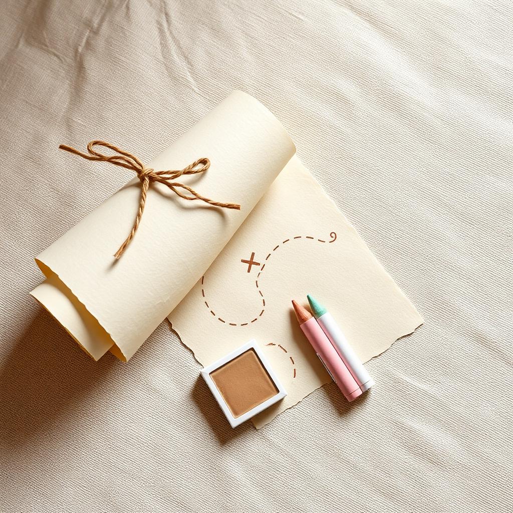 Rolled treasure-map scroll with pastel crayons on a cream linen surface