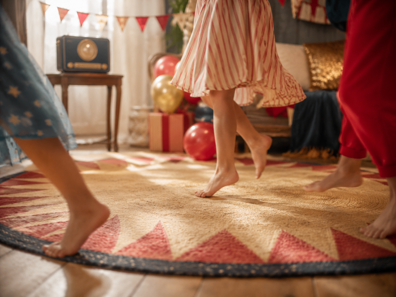 Kids dancing barefoot during a circus freeze dance game