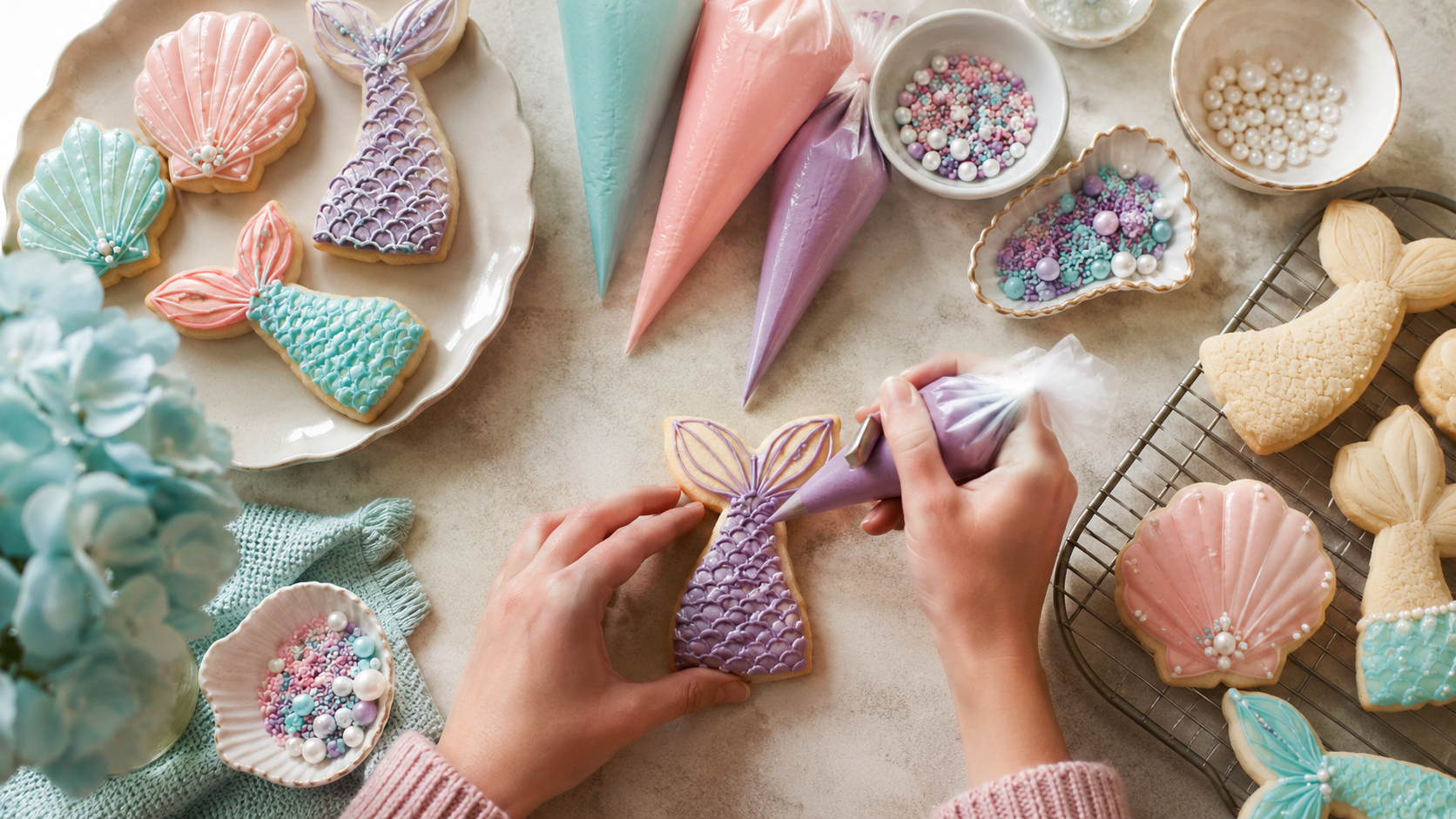 Mermaid tail and shell sugar cookies being decorated with pastel icing