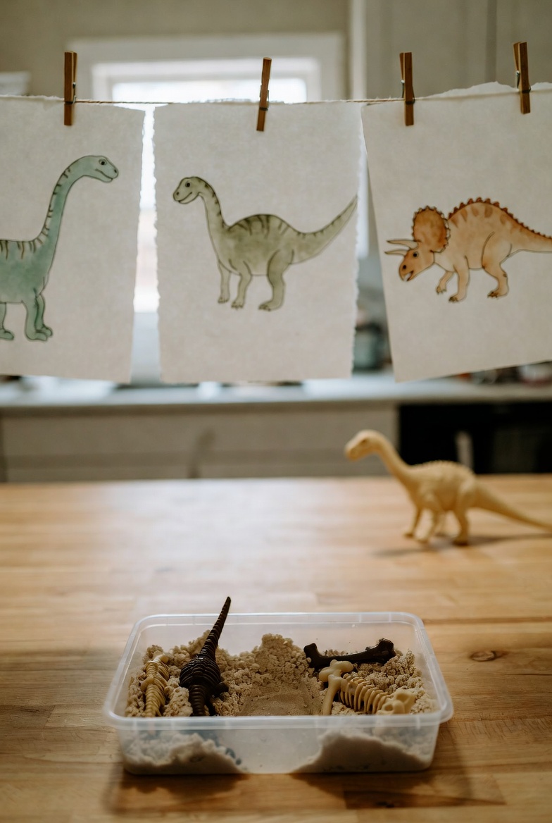 Three watercolor dinosaur prints pegged to a string with wooden clothespins above a sensory bin of sand with toy dinosaurs.