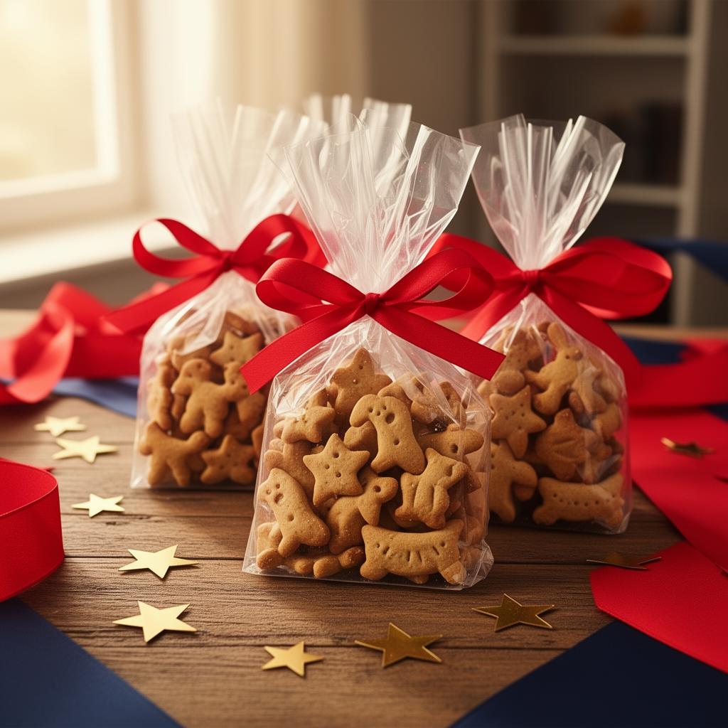 Clear favor bags filled with animal crackers and tied with red ribbon